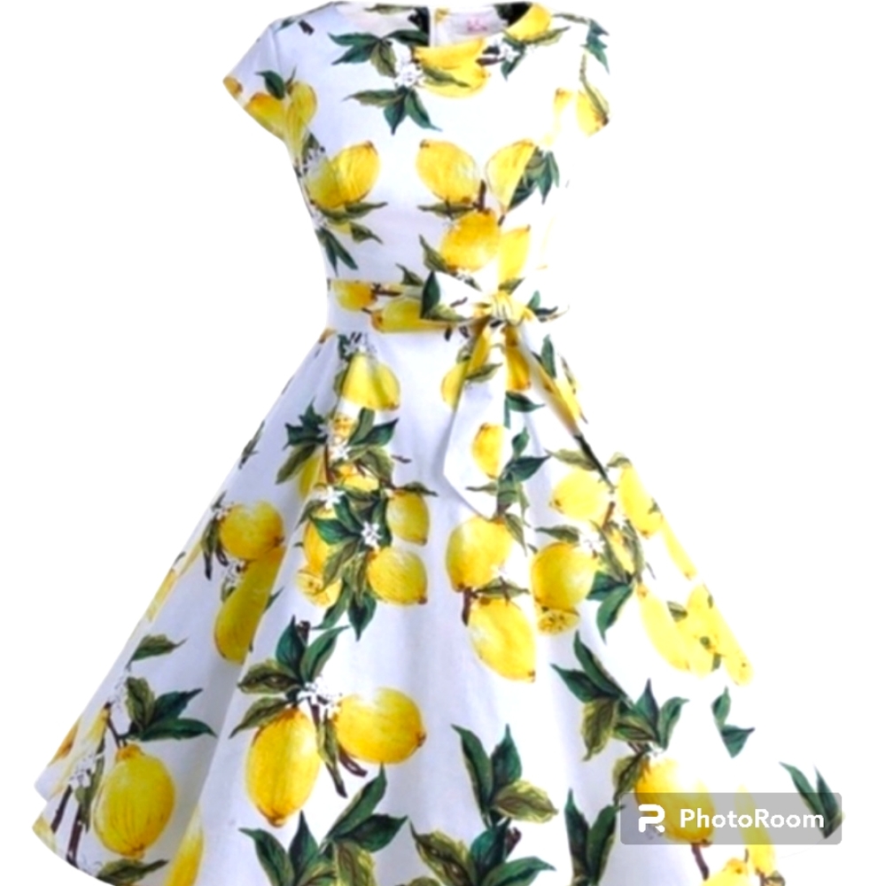 Dressy Star Size Medium Retro 50s Euro White Lemon Print A-Line Picnic Dress NEW